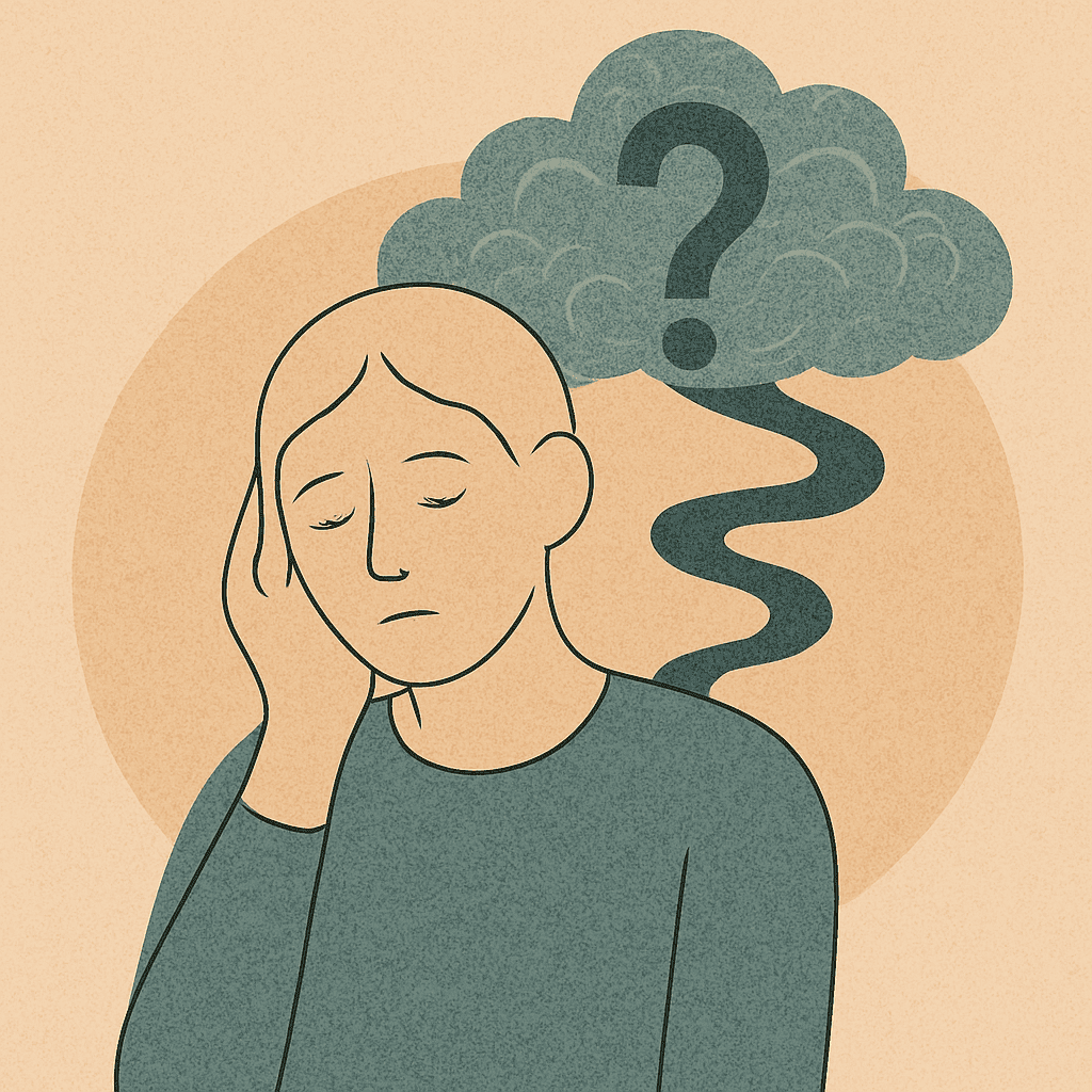 Representación simbólica de la duda interior y el malestar emocional, con una figura pensativa conectada a una nube de incertidumbre.
